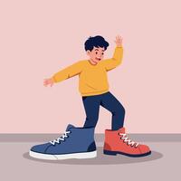A joyful boy playfully standing between oversized shoes, showcasing flat design and vibrant colors in this engaging art vector
