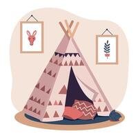 Cozy childrens teepee tent with decorative art prints in a playful, minimal design style, perfect for imaginative play, illustration vector