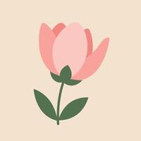 A pink flower with soft petals and green leaves in a minimal flat design style featuring a light beige background art vector