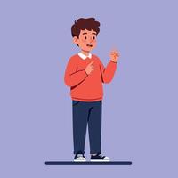 Young boy in a red sweater enthusiastically explaining a concept in a flat illustration style with a cheerful atmosphere vector
