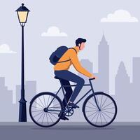Man riding a bicycle in a cityscape with a streetlamp in a flat illustration vector