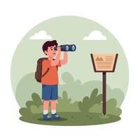 A young boy exploring nature with binoculars while wearing a backpack in a flat art style, showcasing curiosity and outdoor adventure. vector