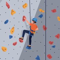 A young climber ascending a colorful indoor rock wall in a flat illustration showcasing determination and focus during an adventurous activity in a vibrant setting art vector