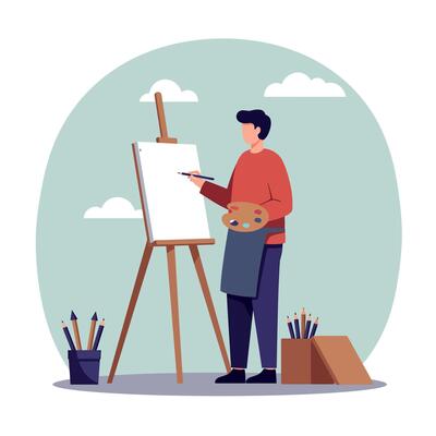 Artist standing in front of a blank canvas with a palette and brushes in a flat illustration