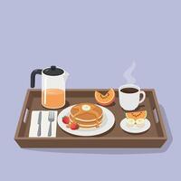 Breakfast Tray with Pancakes and Coffee in Flat Design Style Illustration vector
