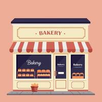 Charming bakery storefront with striped awning and fresh bread display, featuring a flat design style in warm pastel colors, illustration vector