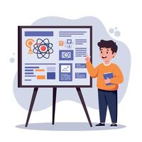 Young boy presenting scientific information on a large display board in a flat illustration vector