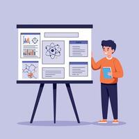 A young man presenting data on a large display board in a minimalistic flat design illustration vector