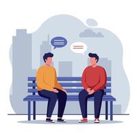 Two men seated on a park bench engaging in deep conversation in a flat illustration with urban background and thought bubbles conveying dialogue vector