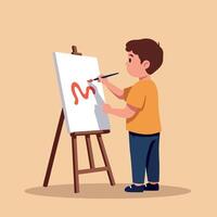 A young boy focused on painting a bright red line on a canvas while standing beside an easel in a cheerful flat illustration vector