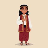 Young boy in traditional attire with intricate patterns, standing confidently in a minimal, flat illustration vector