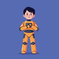A cheerful young boy in an orange space suit holding a futuristic device, depicted in a flat and colorful design style, engaging with technology in art vector