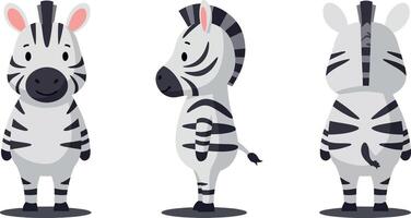 Playful cartoon zebra in three poses showcasing flat design style with a cheerful atmosphere in illustration vector