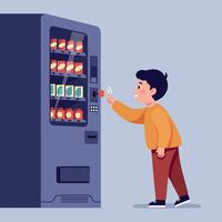 A young boy interacting with a colorful vending machine in a playful and minimal illustration setting, showcasing curiosity and excitement in everyday life vector