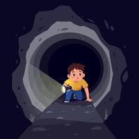 A curious boy exploring a dark tunnel with a flashlight in a flat illustration style, evoking adventure and mystery in the scene vector