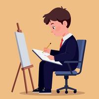 A young boy in formal attire focused on sketching on a notepad while seated in a modern chair beside an easel, flat illustration vector