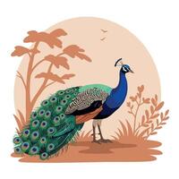 Majestic peacock standing gracefully among stylized foliage in a serene setting, featuring detailed flat design elements in vibrant colors, illustration vector