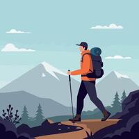 A hiker with a backpack walking along a mountain trail in a flat illustration with scenic peaks and a serene atmosphere in nature art vector