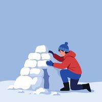 A child building a snow igloo in a winter landscape, showcasing playful creativity in a flat art style vector