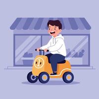 A cheerful boy riding a yellow tricycle in a playful, minimal style under a storefront with colorful plants, showcasing joy and adventure in illustration vector