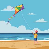A young boy joyfully flying a colorful kite on a sunny beach with gentle waves, flat illustration vector