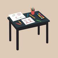 A creative workspace featuring a black table, colorful art supplies, and vibrant drawings in a flat illustration vector