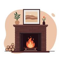 Cozy Fireplace with Mantel Decor in Minimalist Style, Featuring Warm Tones and Subtle Details in Art vector