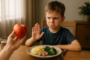 Child Refuses Healthy Meal While Looking Frustrated at the Dining Table During Lunch Time photo