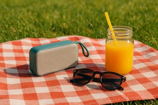 Enjoying a Sunny Afternoon in the Park With Drinks, Music, and Relaxation on a Picnic Blanket photo