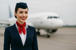 vuelo asistente sonrisas con confianza en aeropuerto pista con avión en antecedentes foto