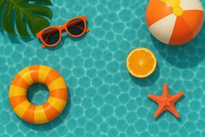 Bright Summer Pool Accessories Including Sunglasses, Beach Ball, Orange, and Starfish on Sunny Day photo