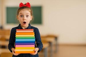 Excited Girl Holds Stack of Colorful Books in Classroom Environment photo