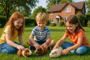 niños disfrutando hora con Guinea cerdos en un soleado patio interior foto