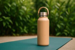 Stylish Water Bottle on Yoga Mat Surrounded by Greenery in a Tranquil Outdoor Setting photo