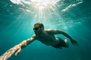 Man Swims Underwater in Clear Ocean Water During Daylight Hours photo