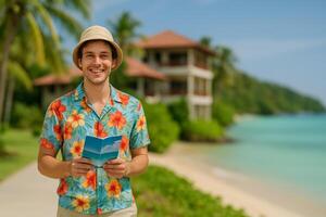 Traveler Enjoying a Sunny Day at the Beach While Reading a Guidebook in a Tropical Paradise photo