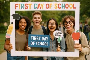 Students Celebrate the First Day of School With Smiles and Fun Decorations in a Sunny Outdoor Setting photo