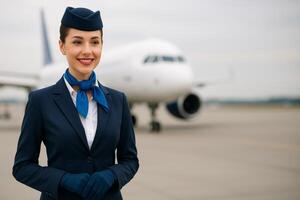 Flight Attendant Smiles Confidently at the Airport Before Departure on a Cloudy Day photo