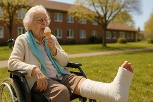 Senior Woman Enjoying Ice Cream in Wheelchair During Sunny Day in Park With a Broken Leg photo