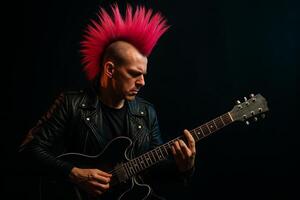 Man With Pink Mohawk Plays Guitar Passionately on Dark Stage photo