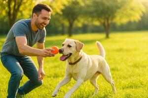 Man Plays Fetch With Labrador Retriever in Sunny Park During Afternoon photo