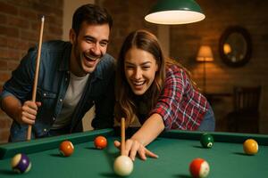 Couple Enjoying a Lively Game of Billiards in a Cozy Recreational Room photo