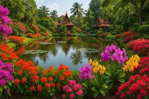 Vibrant Flower Garden Reflecting in Tranquil Water at a Serene Tropical Location photo