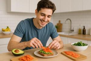 Man Preparing Healthy Breakfast With Avocado Toast and Smoked Salmon in Modern Kitchen photo
