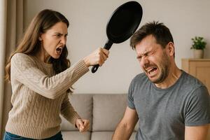 Woman Angrily Raises Frying Pan at Man Sitting on Sofa During a Domestic Confrontation photo