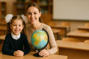 Smiling Teacher and Young Student Exploring Geography With Globe in Classroom Setting photo