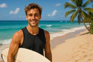 Surfer Poses on Tropical Beach With Surfboard During Sunny Day photo