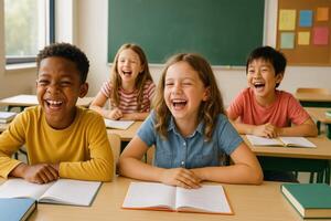 Joyful Children Sharing Laughter in a Bright Classroom During a Fun Learning Moment photo
