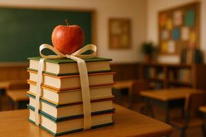 Books Stacked With a Red Apple on Top in a Bright Classroom Setting During Morning Hours photo