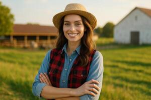 Smiling Farmer in Straw Hat Stands Proudly in Green Pasture During Sunny Afternoon photo